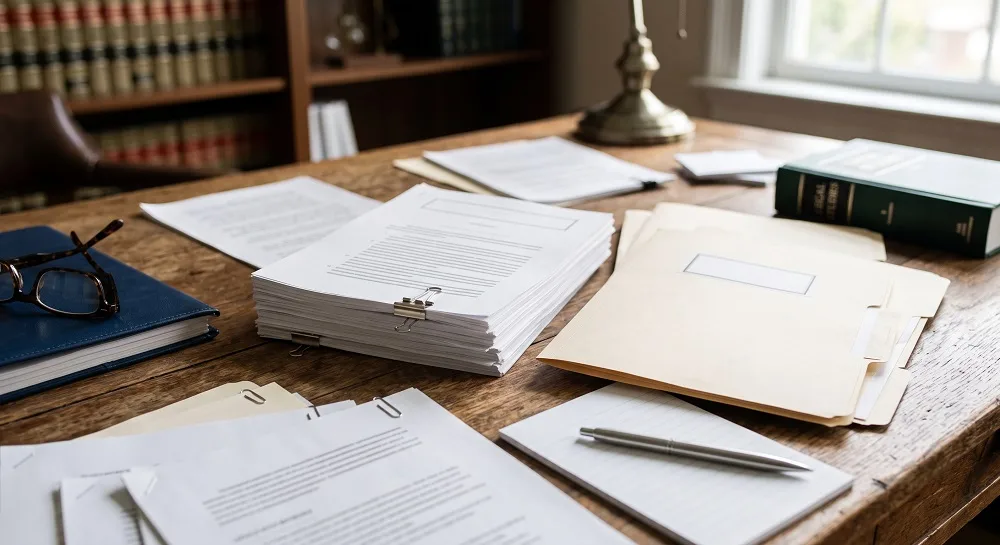 A desk covered with case files and law books