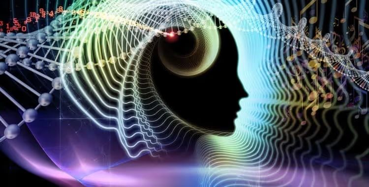 Illustration of a head in profile surrounded by colorful waves