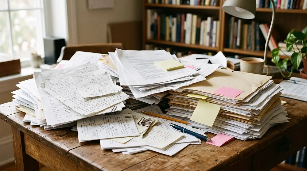 A desk piled with case papers and files